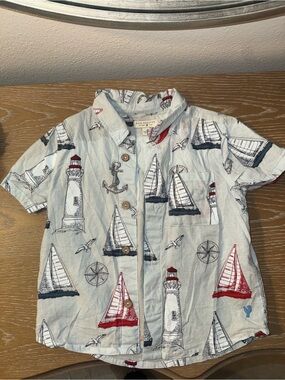 Blue Rooster Collection Light Blue Nautical Sailboat & Lighthouse Button-Up